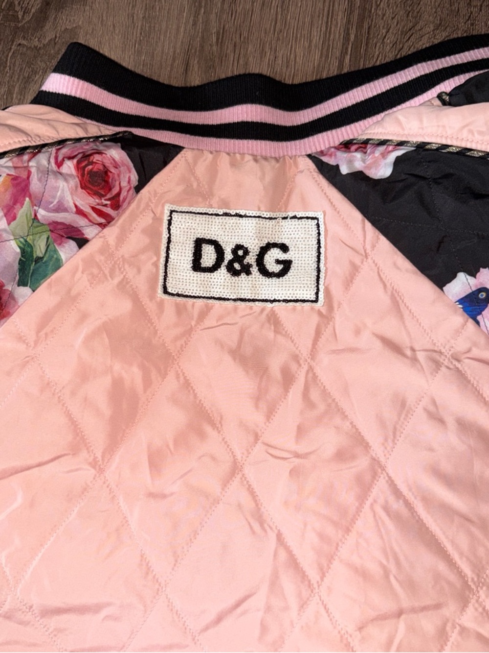 D&G Light Pink Quilted Bomber Jacket with Floral Lining